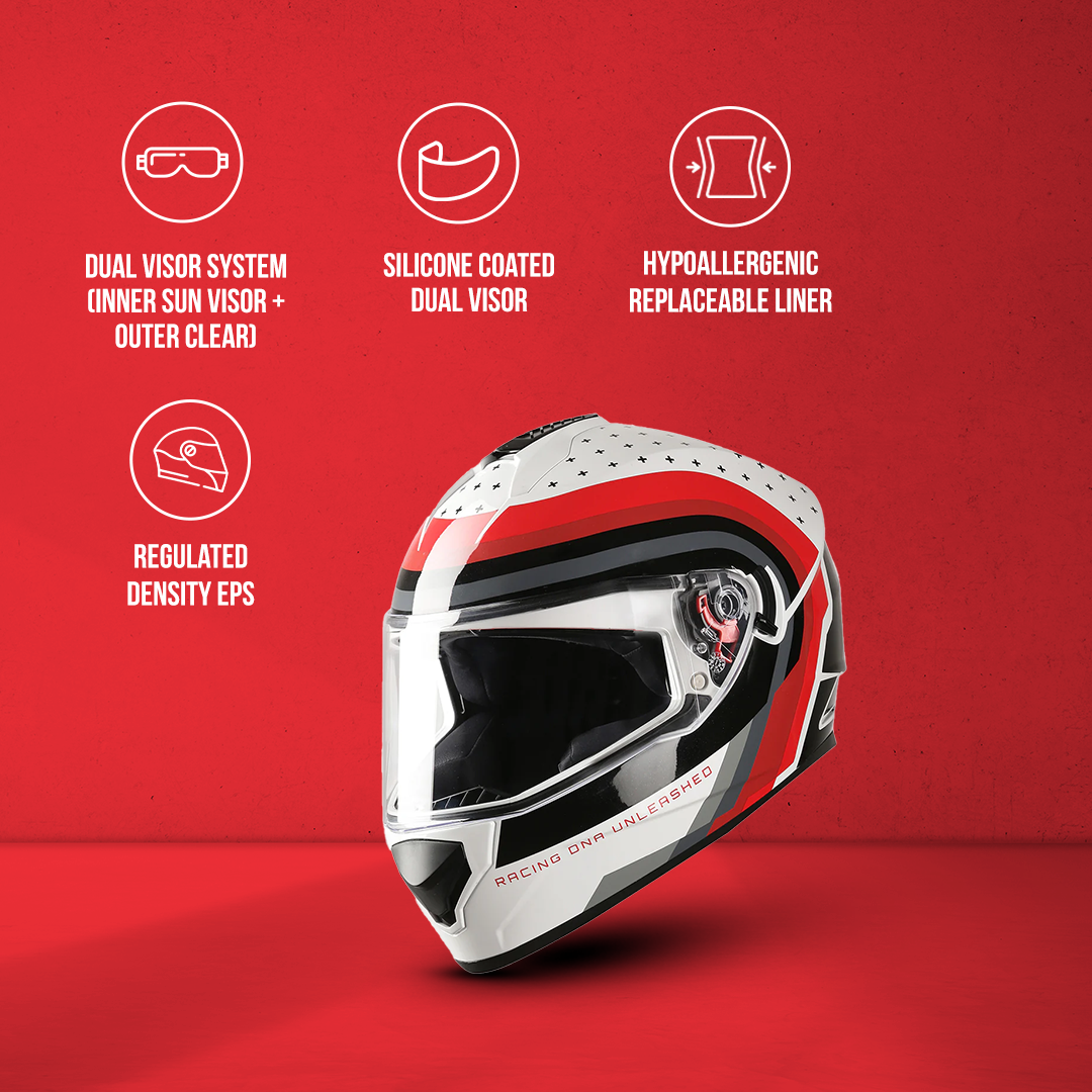 TVS Racing Phantom Series Full Face Dual Visor Helmet for Men | Premium Bike Helmets with ABS Shell, UV Paint | Quick Release System | Aerodynamic Design | DOT & ISI Certified (Black V1)